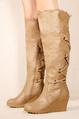 BRIDGET WEDGE HEEL MID CALF HIGH BOOTS WITH FUR & LACE UP DETAIL IN KHAKI FAUX LEATHER