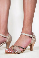 ARTEMIS MID HIGH HEEL WITH BUCKLE ANKLE STRAP IN CHAMPAGNE GOLD GLITTER