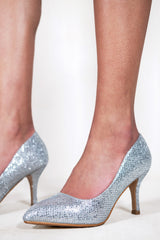 PAOLA MID HIGH HEEL COURT PUMP SHOES WITH POINTED TOE IN SILVER GLITTER