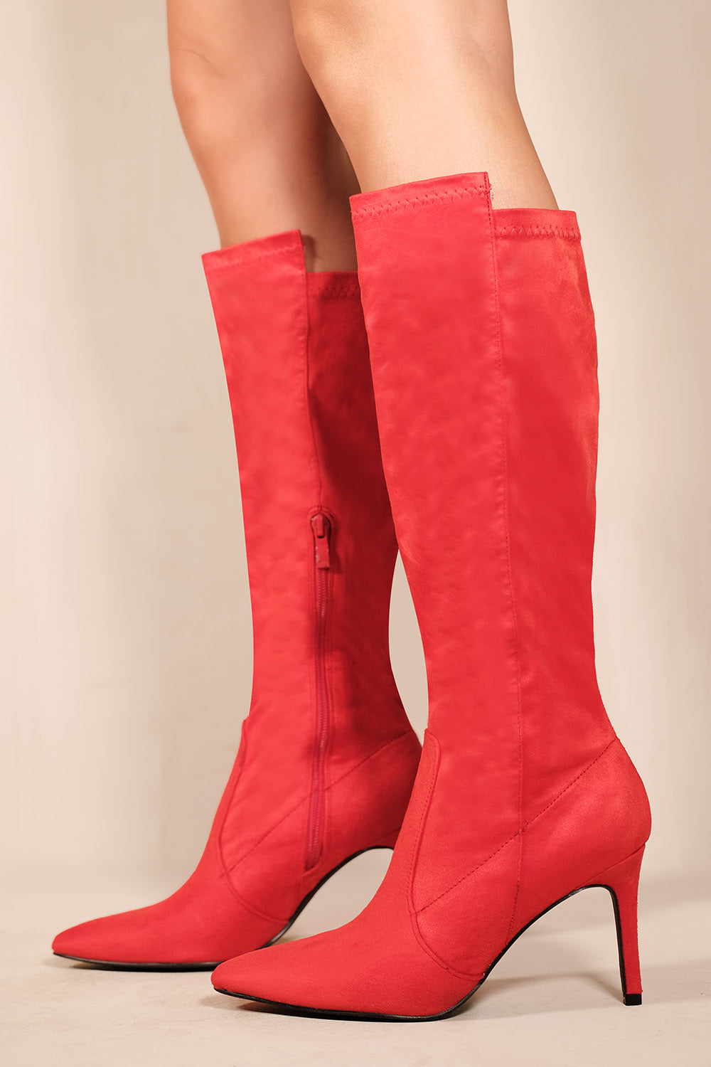 MARTA POINTED TOE CALF HIGH BOOTS WITH SIDE ZIP IN ROUGE RED FAUX SUEDE