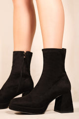 LAURIE MID FLARE BLOCK HEEL ANKLE BOOTS IN BLACK FAUX SUEDE