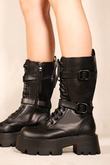 JOURNEE CHUNKY CHELSEA MID CALF BOOTS WITH SIDE ZIP AND LACE UP IN BLACK FAUX LEATHER