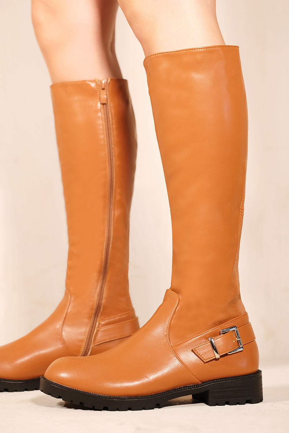 ROOBIE CALF HIGH STRETCH BOOTS WITH BUCKLE IN TAN FAUX LEATHER