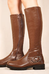 ROOBIE CALF HIGH STRETCH BOOTS WITH BUCKLE IN CHOCOLATE BROWN FAUX LEATHER