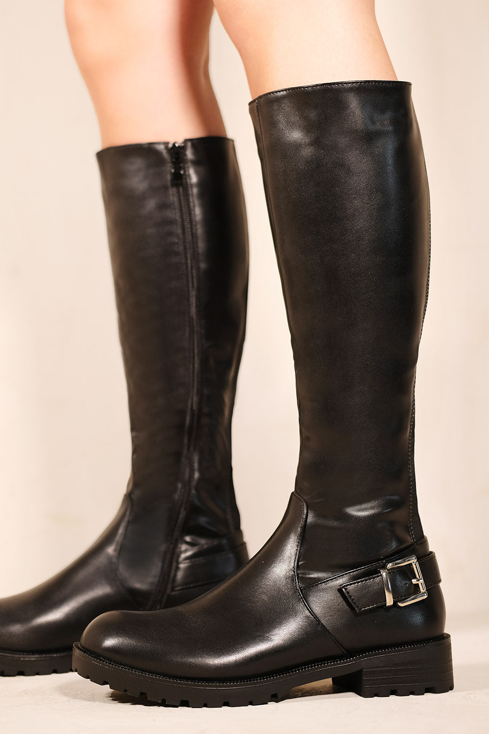 ROOBIE CALF HIGH STRETCH BOOTS WITH BUCKLE IN BLACK FAUX LEATHER