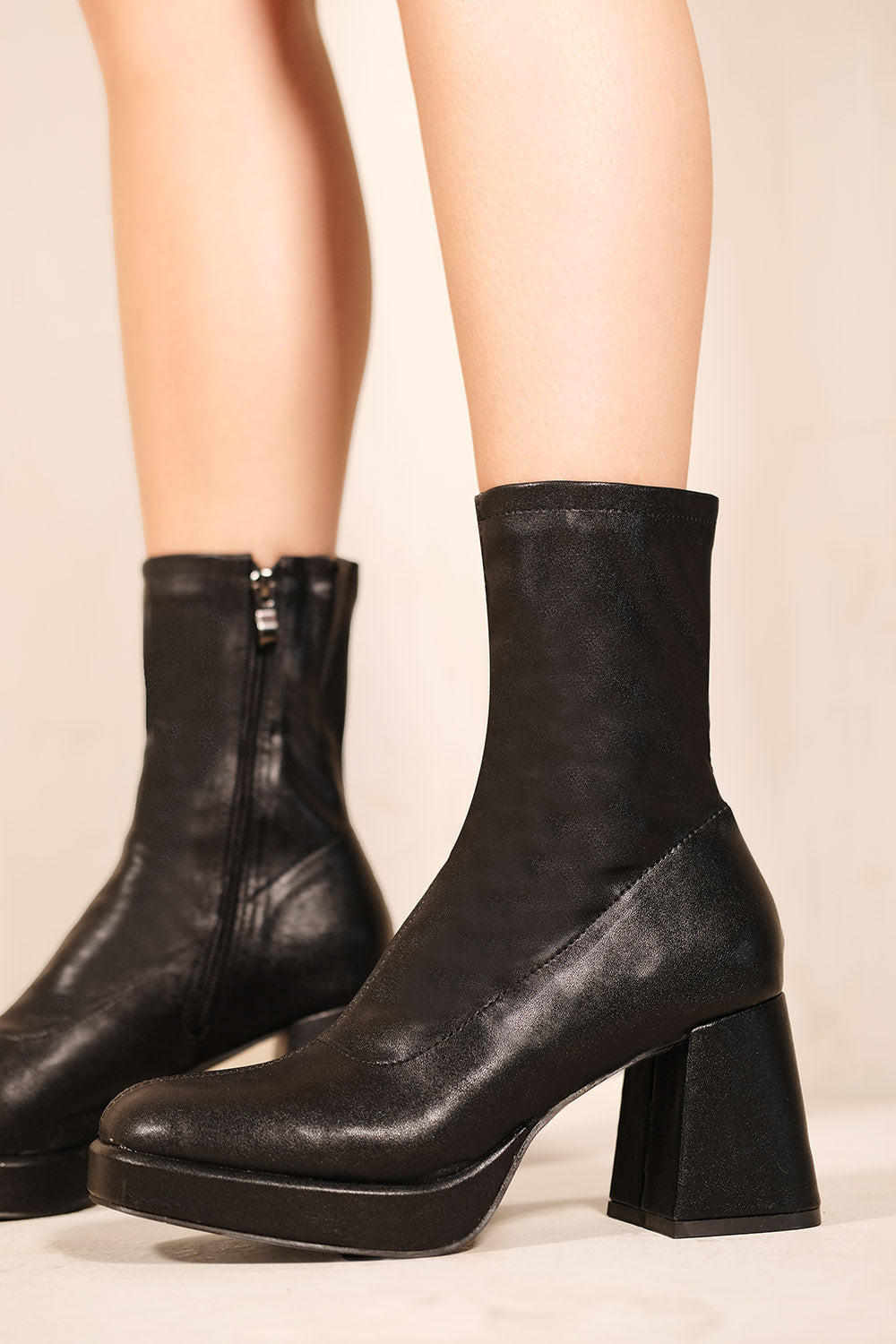 LAURIE MID FLARE BLOCK HEEL ANKLE BOOTS IN BLACK FAUX LEATHER Where s That From UK