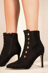 BLYTHE POINTED TOE MID HEEL ANKLE BOOTS WITH GOLD BUTTONS IN BLACK FAUX SUEDE
