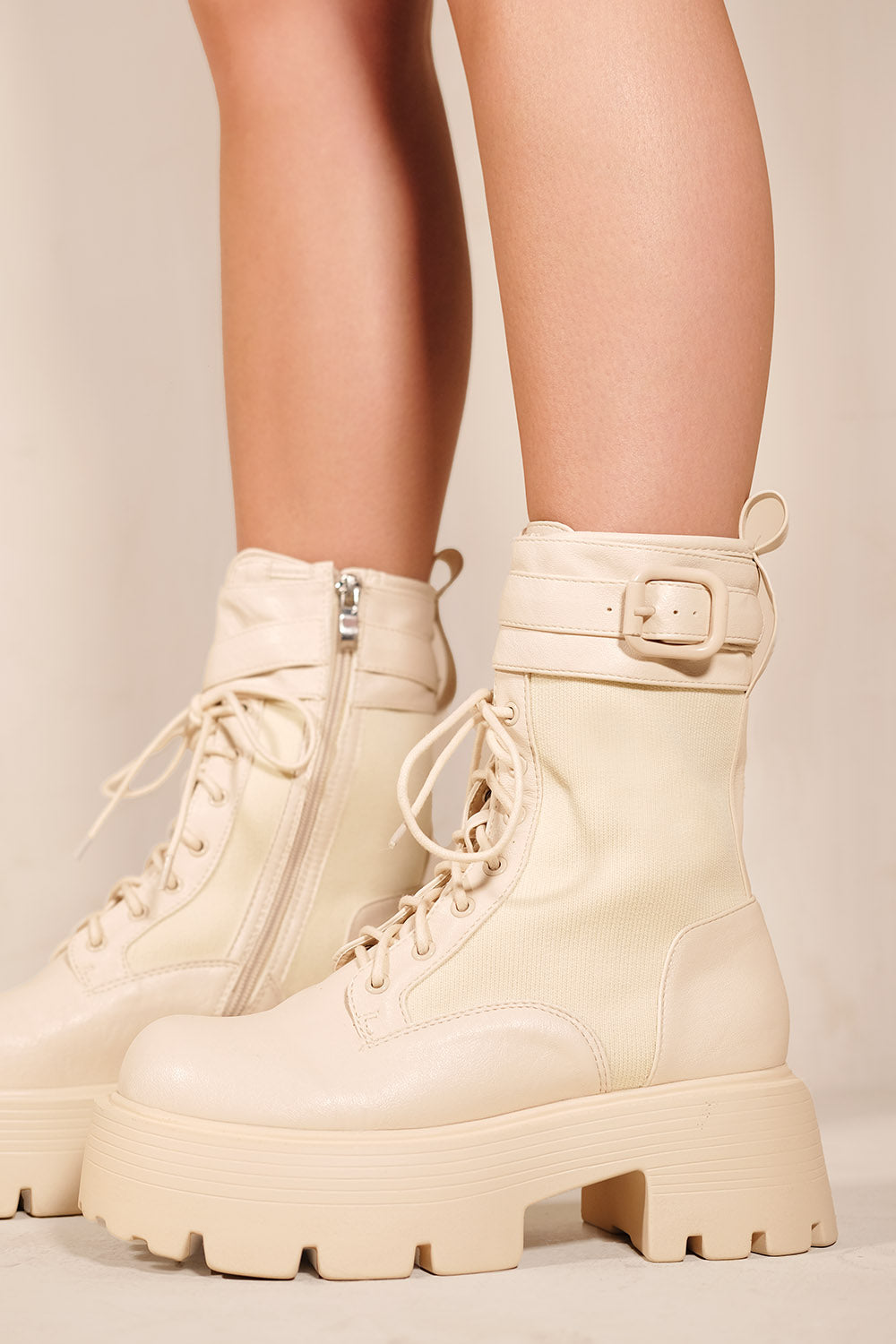 KERRIE CHUNKY ANKLE BOOTS WITH LACE UP & SIDE ZIP IN IVORY CREAM FAUX LEATHER