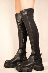 DELANCEY CHUNKY CHELSEA OVER THE KNEE BOOTS WITH SIDE ZIP IN BLACK FAUX LEATHER
