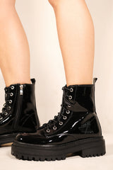 ANNIE CHUNKY PLATFORM ANKLE BOOT WITH LACE UP DETAIL IN BLACK FAUX PATENT