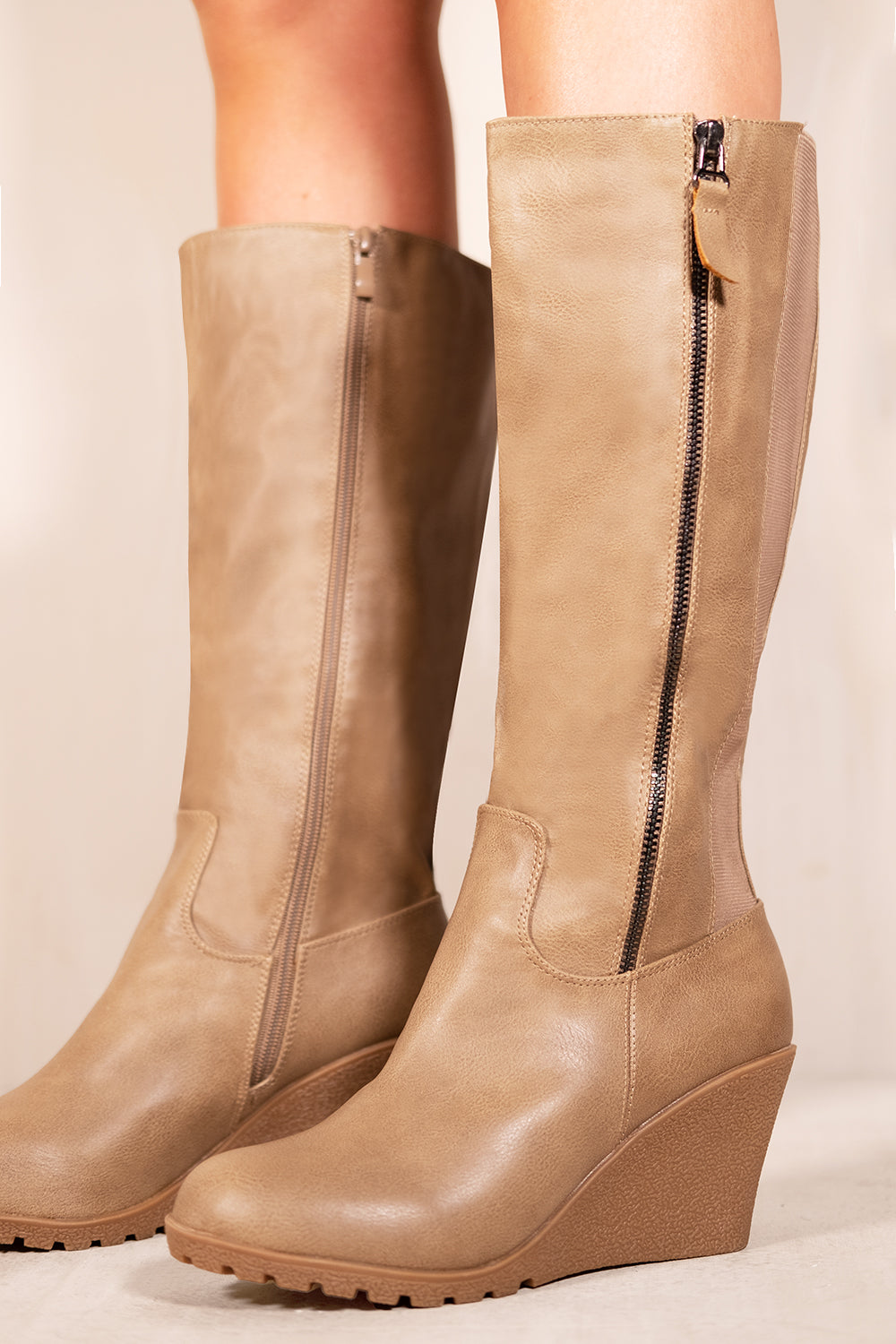 LARA WEDGE HEEL MID CALF HIGH BOOTS WITH SIDE ZIP IN KHAKI FAUX LEATHER
