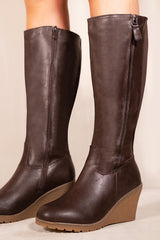 LARA WEDGE HEEL MID CALF HIGH BOOTS WITH SIDE ZIP IN CHOCOLATE BROWN FAUX LEATHER