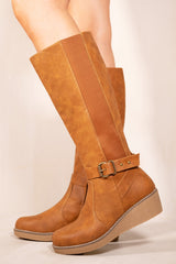 AYLEEN WEDGE HEEL KNEE HIGH BOOTS WITH ELASTIC PANEL IN TAN BROWN FAUX LEATHER