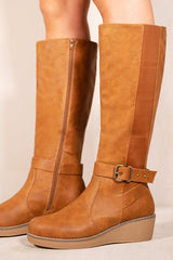 AYLEEN WEDGE HEEL KNEE HIGH BOOTS WITH ELASTIC PANEL IN TAN BROWN FAUX LEATHER