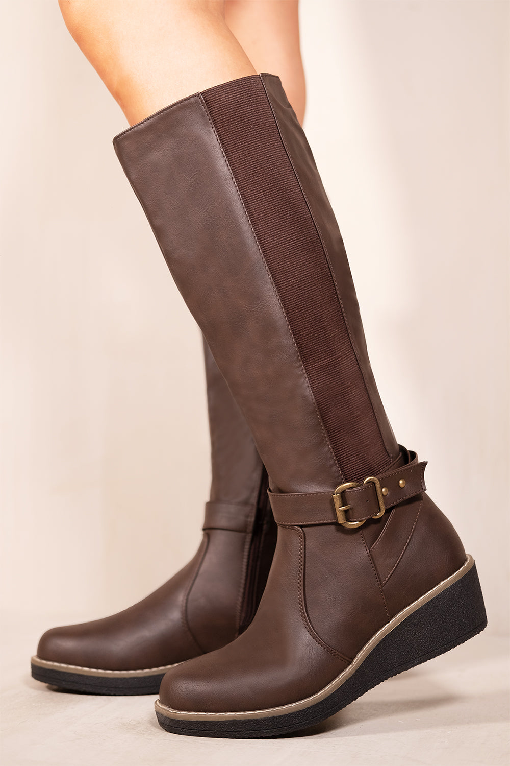 AYLEEN WEDGE HEEL KNEE HIGH BOOTS WITH ELASTIC PANEL IN BROWN FAUX