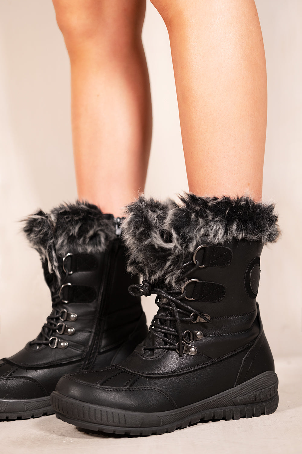CLARRISA FLATFORM FUR LINED ANKLE BOOTS WITH LACE UP IN BLACK FAUX LEATHER