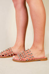 KELLY STUDDED SLIDER WITH CAGED STUDDED DETAILING IN CORAL PINK FAUX LEATHER