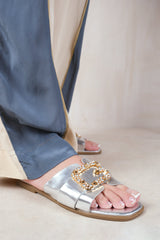 GALAXY CUT OUT STRAP FLAT SANDALS WITH DIAMANTE DETAIL IN SILVER METALLIC