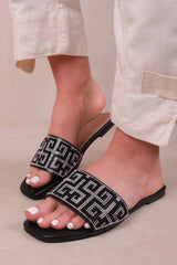 LUCID STRAP SANDALS WITH DIAMANTE DETAIL IN BLACK FAUX LEATHER