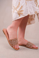 LUCID STRAP SANDALS WITH DIAMANTE DETAIL IN TAN FAUX LEATHER