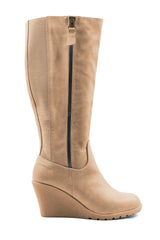 LARA WEDGE HEEL MID CALF HIGH BOOTS WITH SIDE ZIP IN KHAKI FAUX LEATHER
