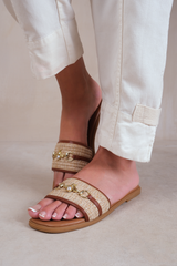 HARMONY PU STRAW DETAIL STRAP SANDALS IN TAN FAUX LEATHER