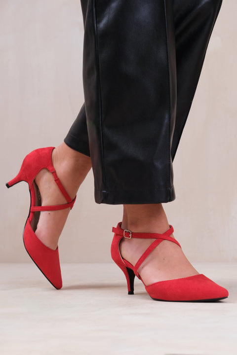 KENNEDI LOW KITTEN HEEL WITH CROSSOVER STRAP IN ROUGE RED SUEDE