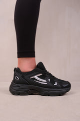 FLEX FASHION LACE UP TRAINERS WITH MESH DETAIL IN BLACK FAUX LEATHER