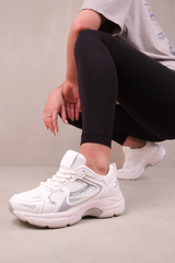 FLEX FASHION LACE UP TRAINERS WITH MESH DETAIL IN SILVER FAUX LEATHER