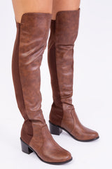 BRITTA THIGH HIGH MID HEELED BOOTS IN BROWN FAUX LEATHER