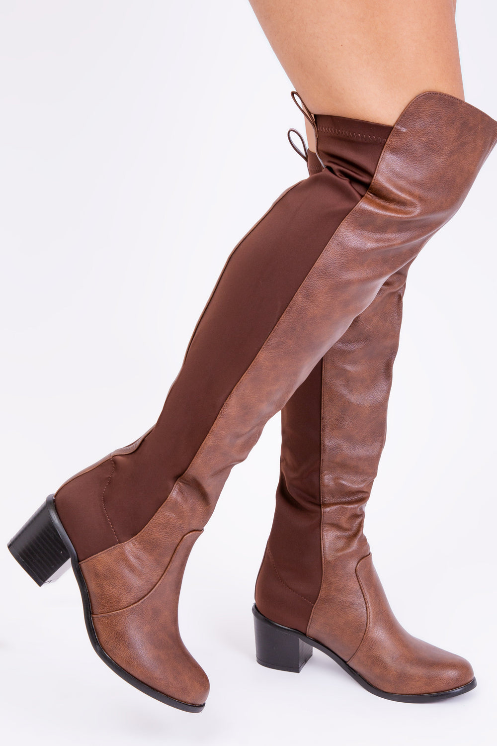 BRITTA THIGH HIGH MID HEELED BOOTS IN BROWN FAUX LEATHER