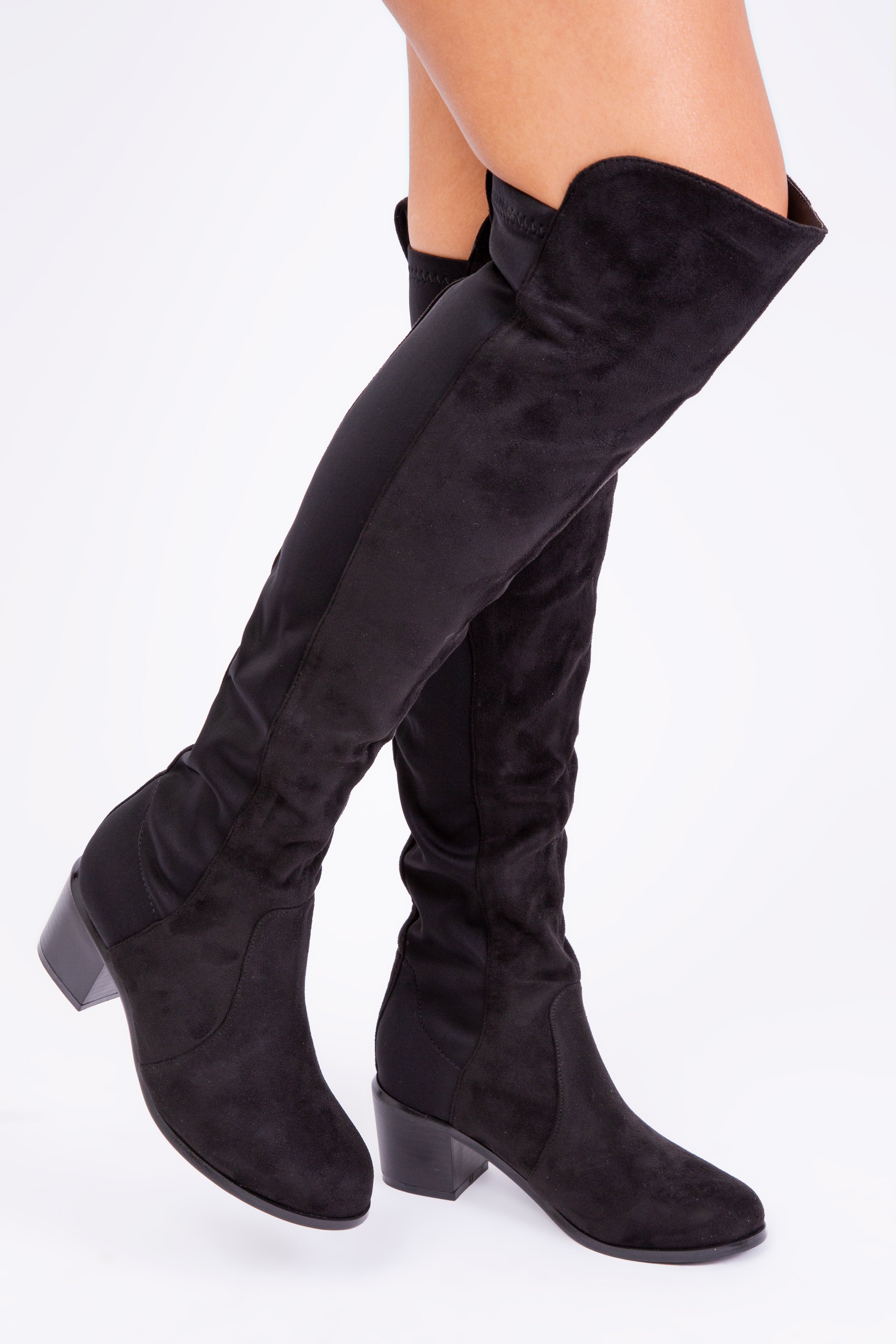 BRITTA THIGH HIGH MID HEELED BOOTS IN BLACK SUEDE