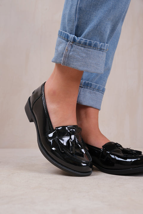 IMOGEN FLATFORM SLIP ON LOAFERS SHOES WITH TASSLE IN BLACK PATENT FAUX LEATHER