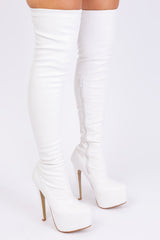 BRINLEY HIGH HEEL OVER THE KNEE BOOTS IN WHITE FAUX LEATHER