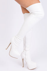 BRINLEY HIGH HEEL OVER THE KNEE BOOTS IN WHITE FAUX LEATHER