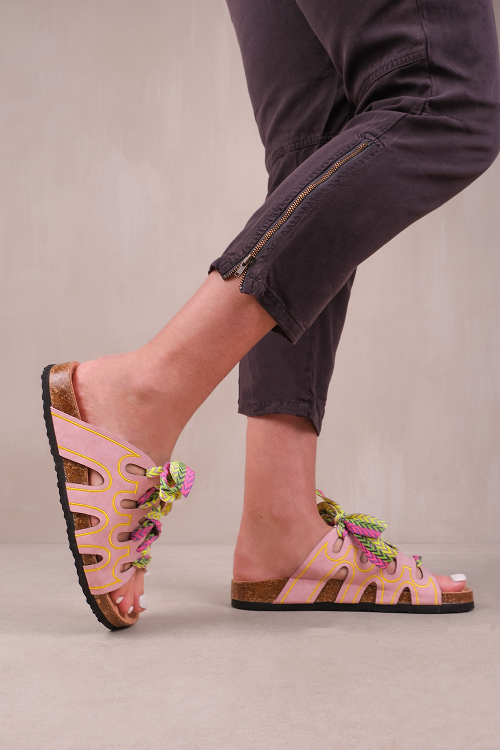 PARADOX STRAPPY FLAT SANDALS WITH PRINTED RIBBON DETAILING IN PINK FAUX LEATHER