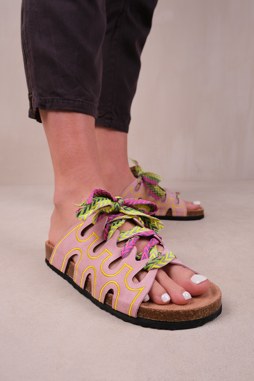 PARADOX STRAPPY FLAT SANDALS WITH PRINTED RIBBON DETAILING IN PINK FAUX LEATHER