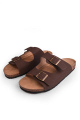 WILLOW TWO STRAP FLAT SANDALS WITH BUCKLE DETAIL IN BROWN NUBUCK