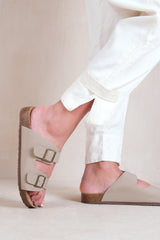 WILLOW TWO STRAP FLAT SANDALS WITH BUCKLE DETAIL IN CAMEL NUBUCK