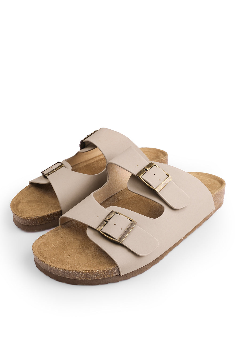 WILLOW TWO STRAP FLAT SANDALS WITH BUCKLE DETAIL IN CAMEL NUBUCK