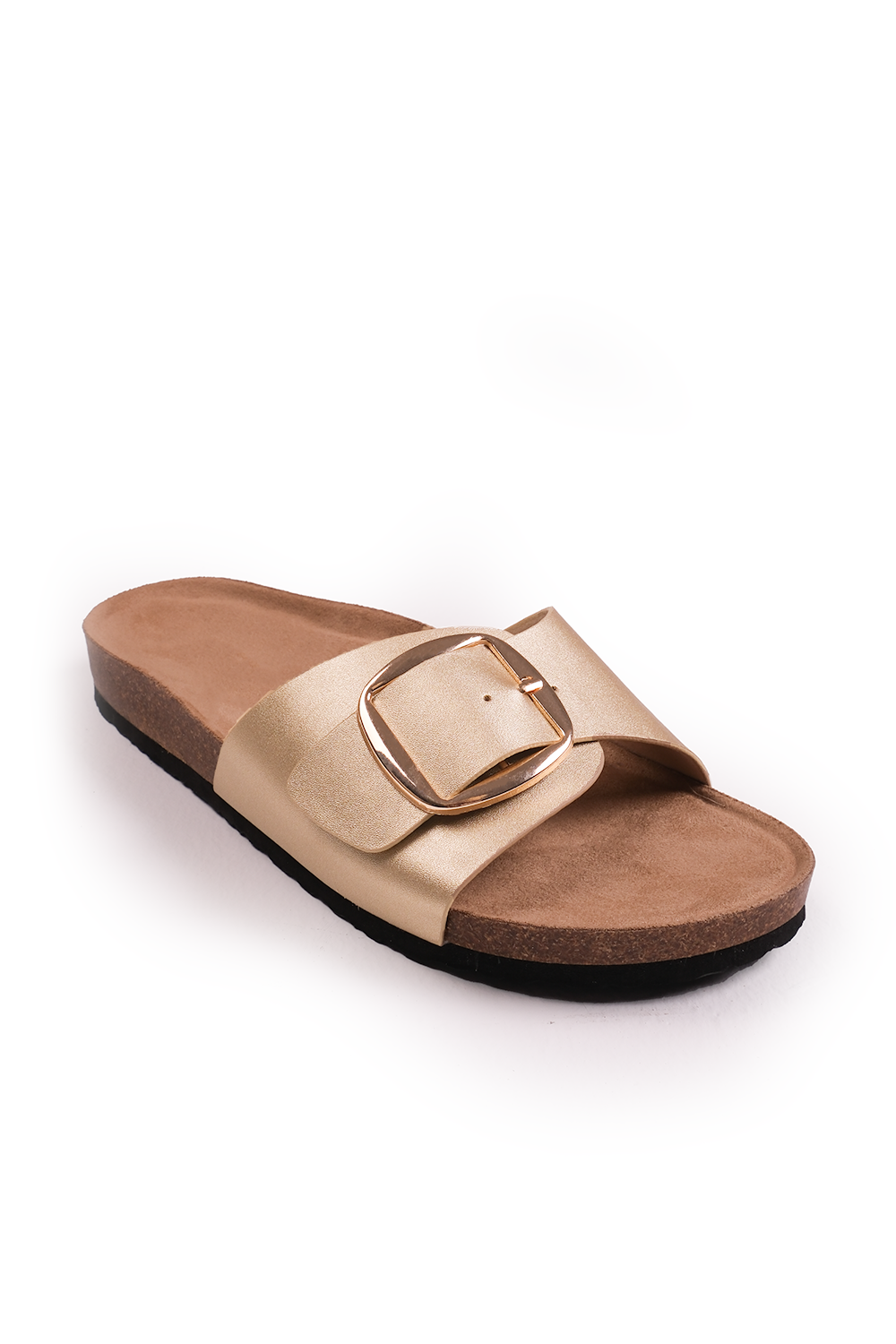 SEQUOIA FLAT SINGLE STRAP SANDALS WITH BUCKLE DETAIL IN GOLD MATT FAUX LEATHER
