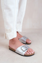 SEQUOIA FLAT SINGLE STRAP SANDALS WITH BUCKLE DETAIL IN SILVER MATT FAUX LEATHER