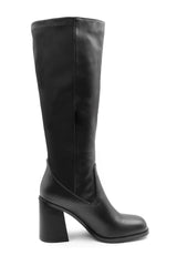 ZHURI MID BLOCK HEEL KNEE HIGH BOOTS WITH STRETCH AND SIDE ZIP IN BLACK FAUX LEATHER