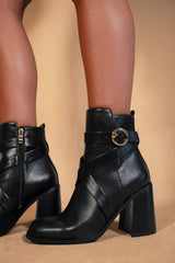 AISLINN BLOCK HEEL ANKLE BOOTS WITH ZIP AND BUCKLE DETAIL IN BLACK FAUX LEATHER