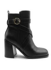 AISLINN BLOCK HEEL ANKLE BOOTS WITH ZIP AND BUCKLE DETAIL IN BLACK FAUX LEATHER