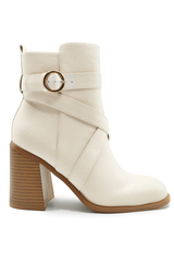 AISLINN BLOCK HEEL ANKLE BOOTS WITH ZIP AND BUCKLE DETAIL IN CREAM FAUX LEATHER