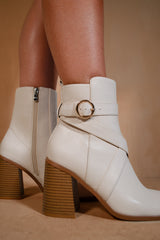 AISLINN BLOCK HEEL ANKLE BOOTS WITH ZIP AND BUCKLE DETAIL IN CREAM FAUX LEATHER
