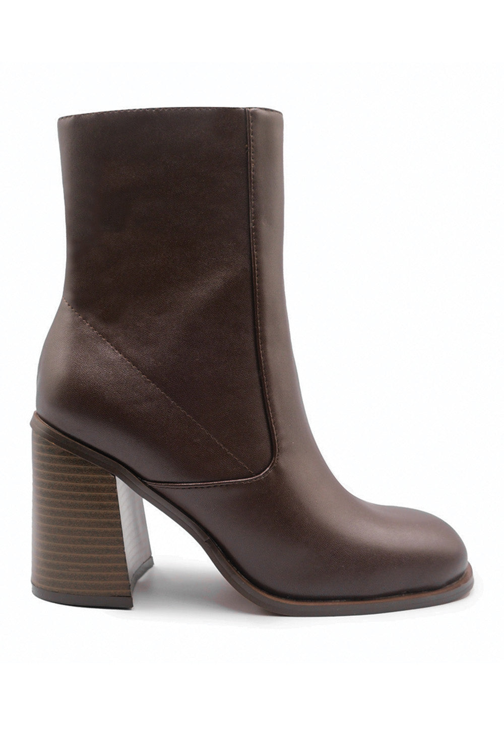 KEISHA BLOCK HEEL MID CALF BOOTS WITH SIDE ZIP IN BROWN FAUX LEATHER