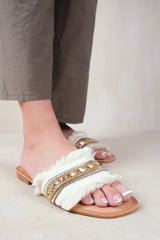 ASTROID FLAT SANDALS WITH FRINGE TRIM AND STUD DETAILS IN WHITE