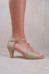 BEATRICE LOW KITTEN HEEL WITH CROSSOVER STRAP IN GOLD GLITTER